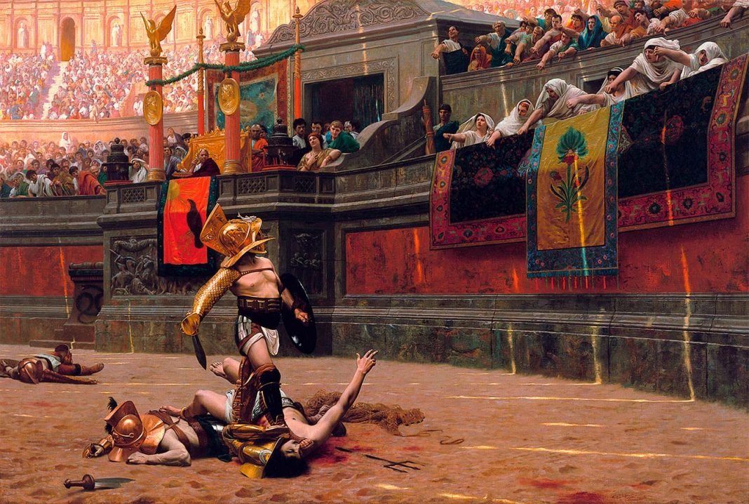 Jean-Léon Gérôme: Pollice Verso (1872). Lucha de gladiadores en un circo romano.