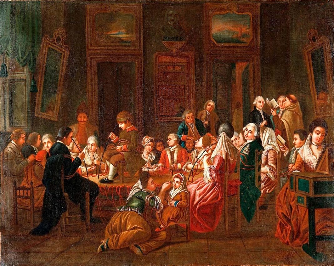 Sesión de Mesmerismo. Obra atribuida al pintor Claude-Louis Desrais.