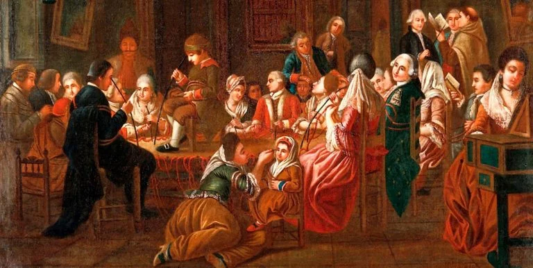 Sesión de Mesmerismo. Obra atribuida la pintor Claude-Louis Desrais (detalle)